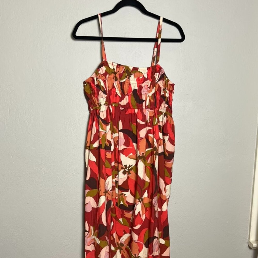 A New Day Maxi Dress Large Red Orange Floral Smocked Sun Dress Resort Summer